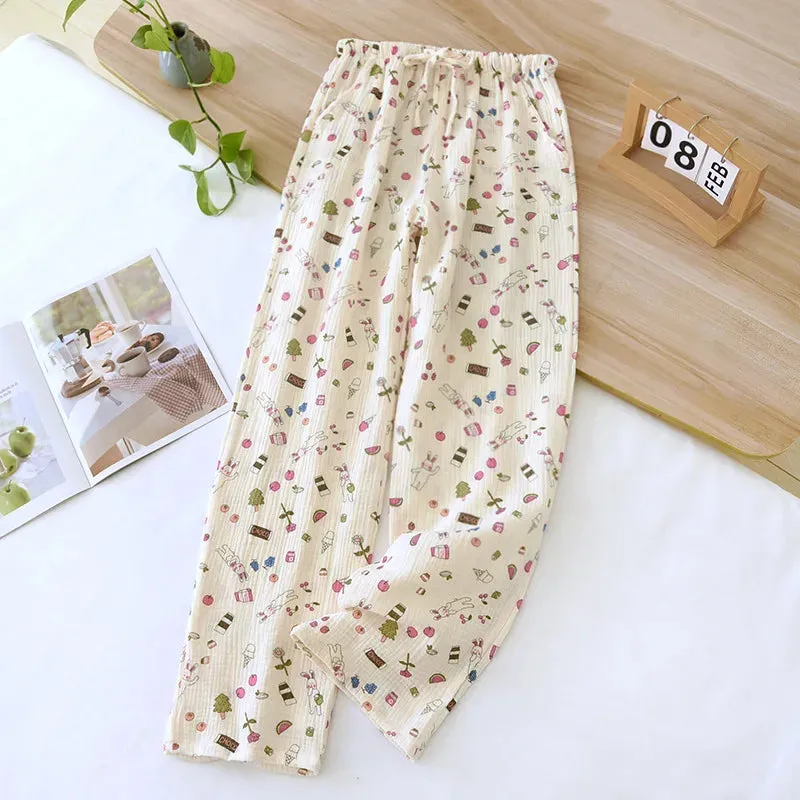 2024 Japanese New Spring/Summer Women's Sleeping Pants 100% Cotton Crepe Printed Pants Thin Loose Lace Home Pants Ladies