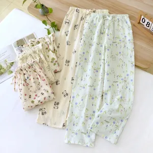 2024 Japanese New Spring/Summer Women's Sleeping Pants 100% Cotton Crepe Printed Pants Thin Loose Lace Home Pants Ladies