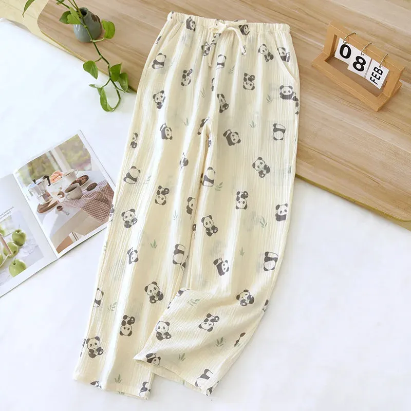 2024 Japanese New Spring/Summer Women's Sleeping Pants 100% Cotton Crepe Printed Pants Thin Loose Lace Home Pants Ladies