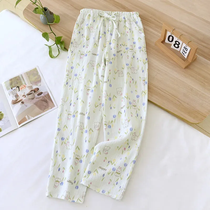 2024 Japanese New Spring/Summer Women's Sleeping Pants 100% Cotton Crepe Printed Pants Thin Loose Lace Home Pants Ladies