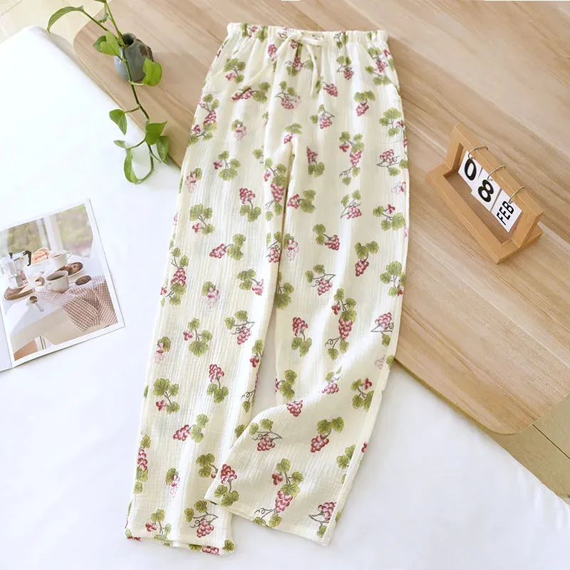 2024 Japanese New Spring/Summer Women's Sleeping Pants 100% Cotton Crepe Printed Pants Thin Loose Lace Home Pants Ladies