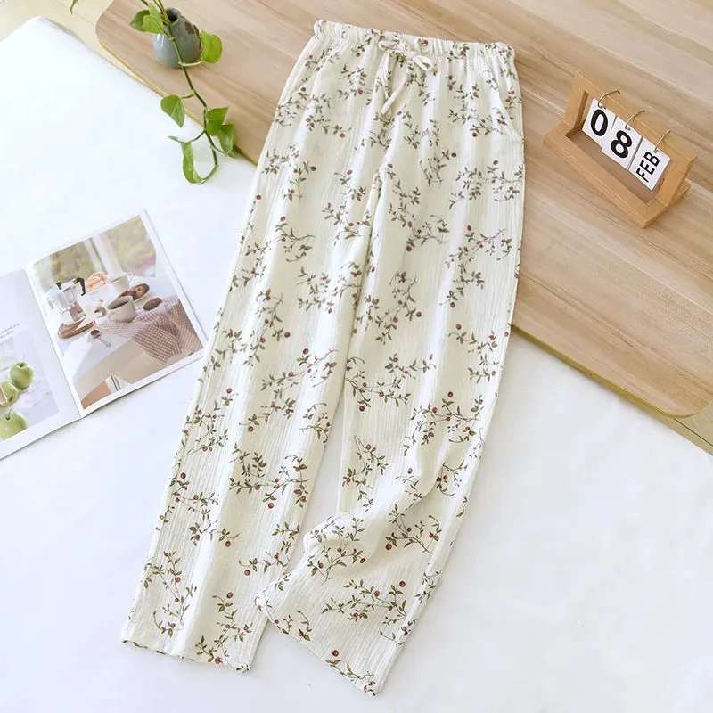 2024 Japanese New Spring/Summer Women's Sleeping Pants 100% Cotton Crepe Printed Pants Thin Loose Lace Home Pants Ladies