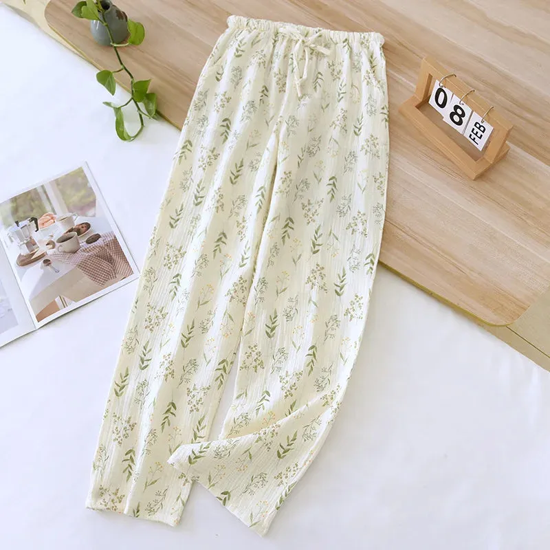 2024 Japanese New Spring/Summer Women's Sleeping Pants 100% Cotton Crepe Printed Pants Thin Loose Lace Home Pants Ladies