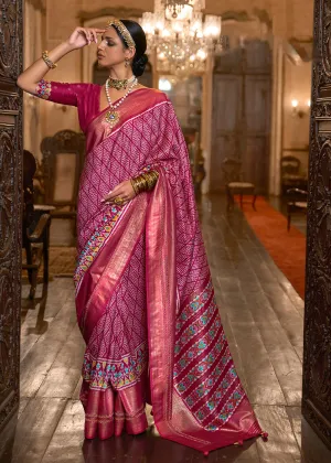 Astounding Pink Woven Zari & Printed Patola Silk Traditional Saree