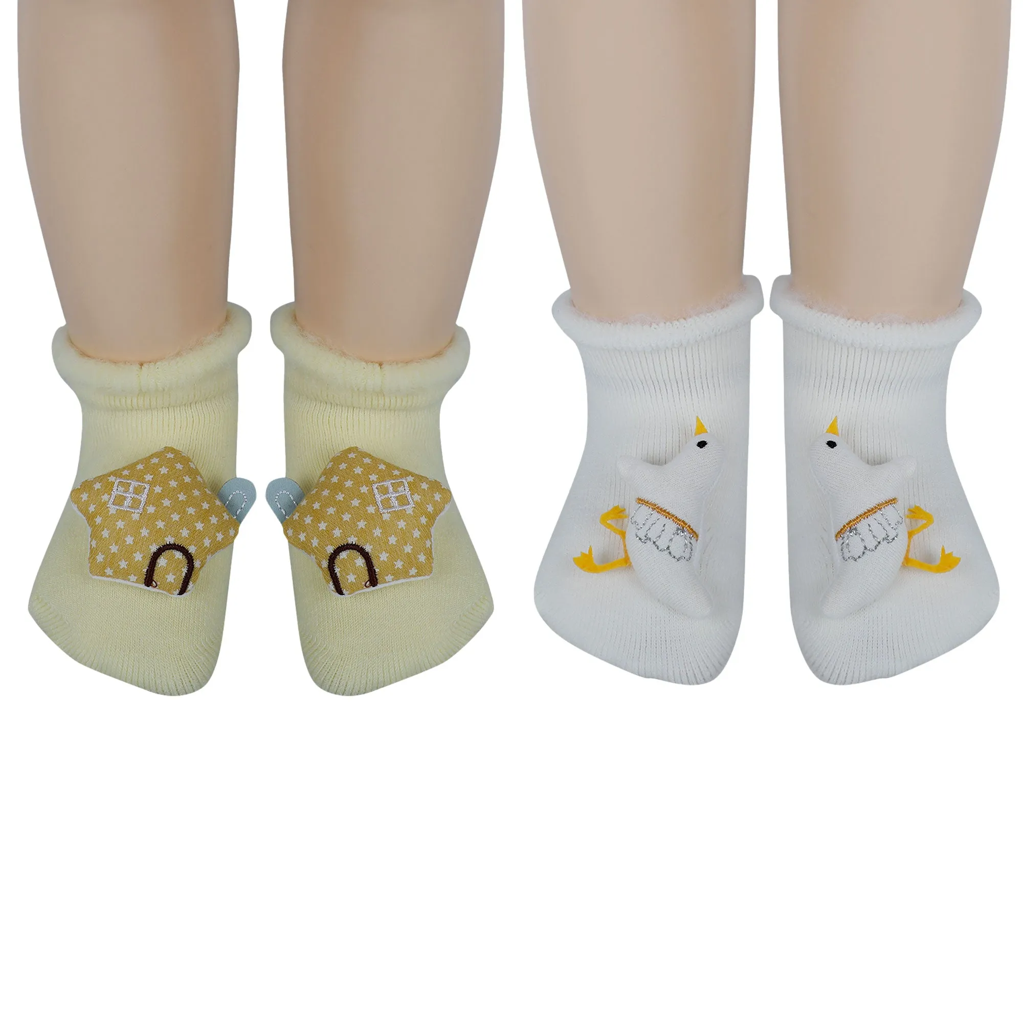 Baby Moo 3D Birdy Home Anti-Skid Socks Pack of 2 - Yellow, Cream