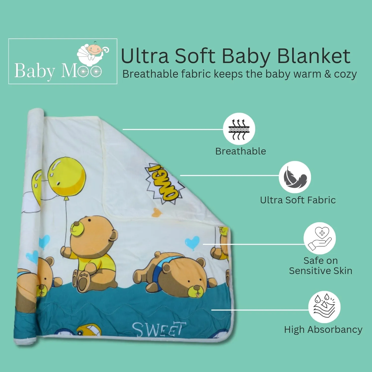 Baby Moo Bear Party Soft Quilted Premium Reversible Blanket - White