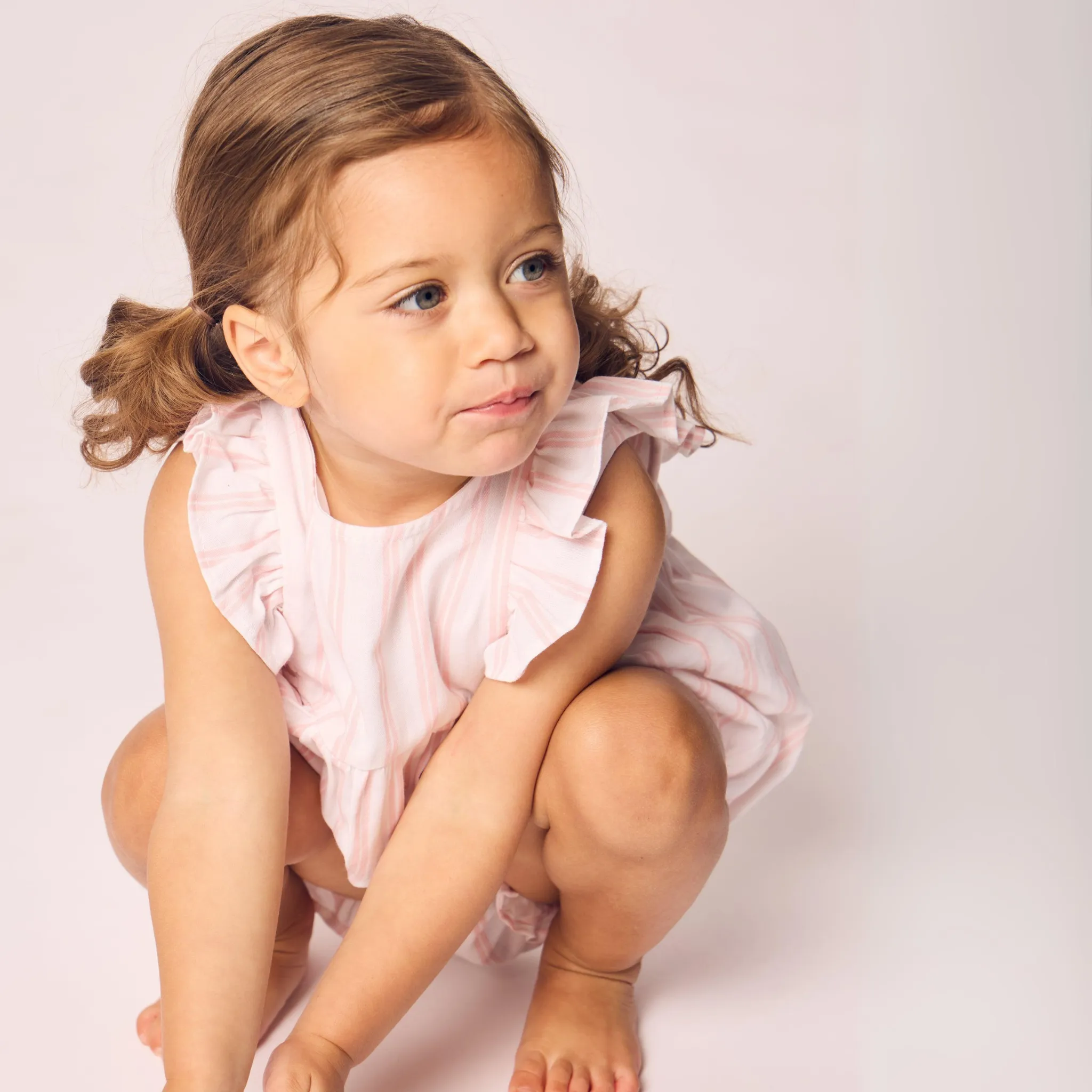 Baby's Twill Stripe Ruffled Romper in Pink and White Stripe