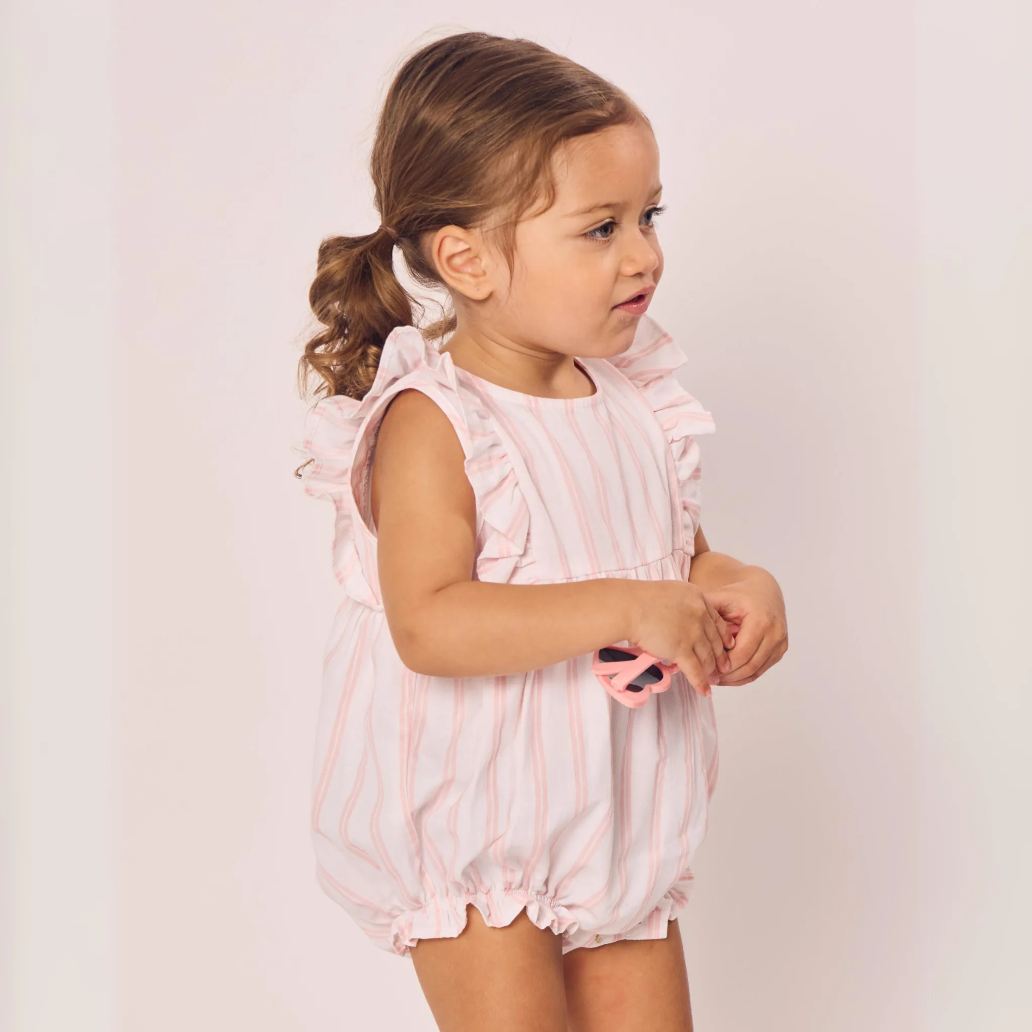 Baby's Twill Stripe Ruffled Romper in Pink and White Stripe