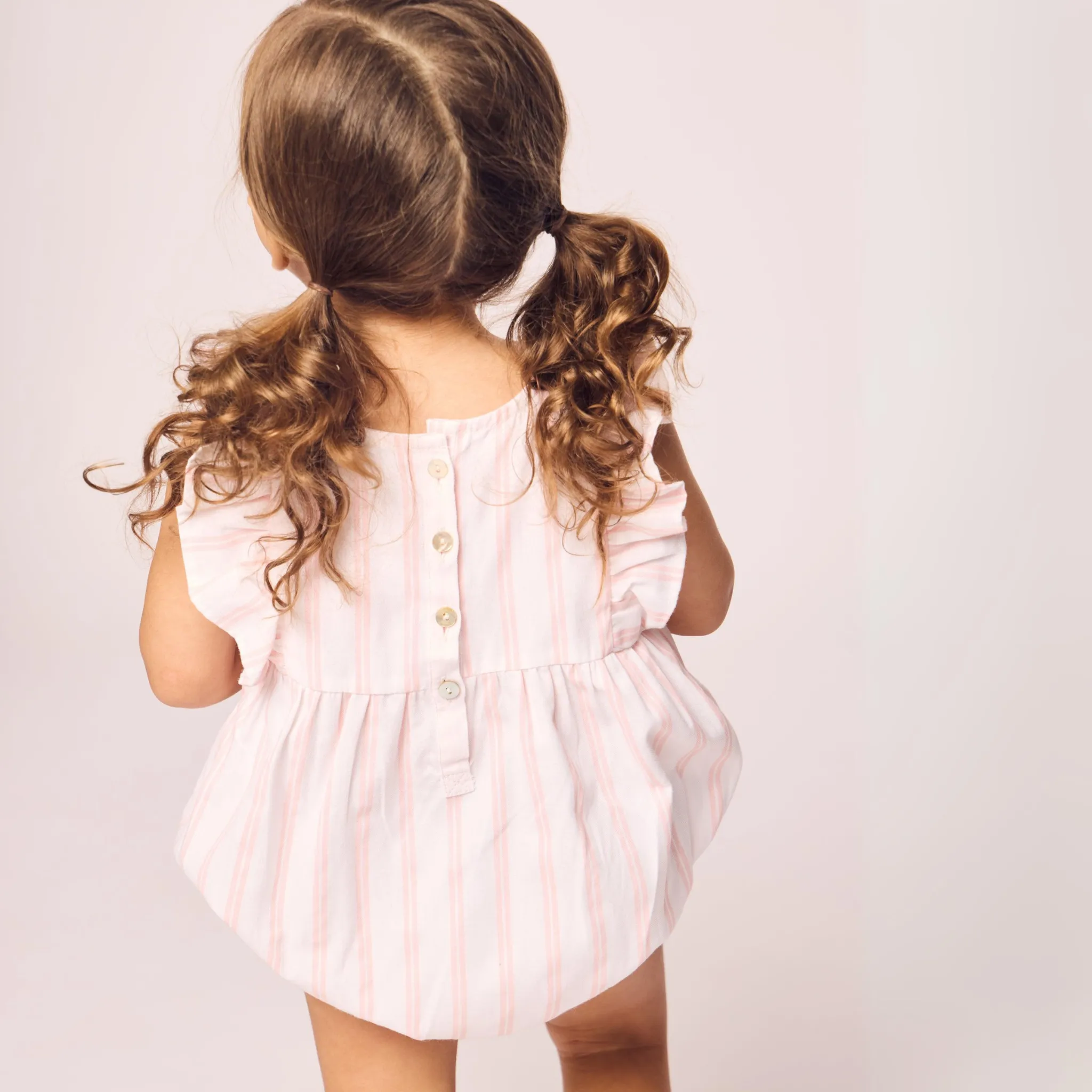 Baby's Twill Stripe Ruffled Romper in Pink and White Stripe