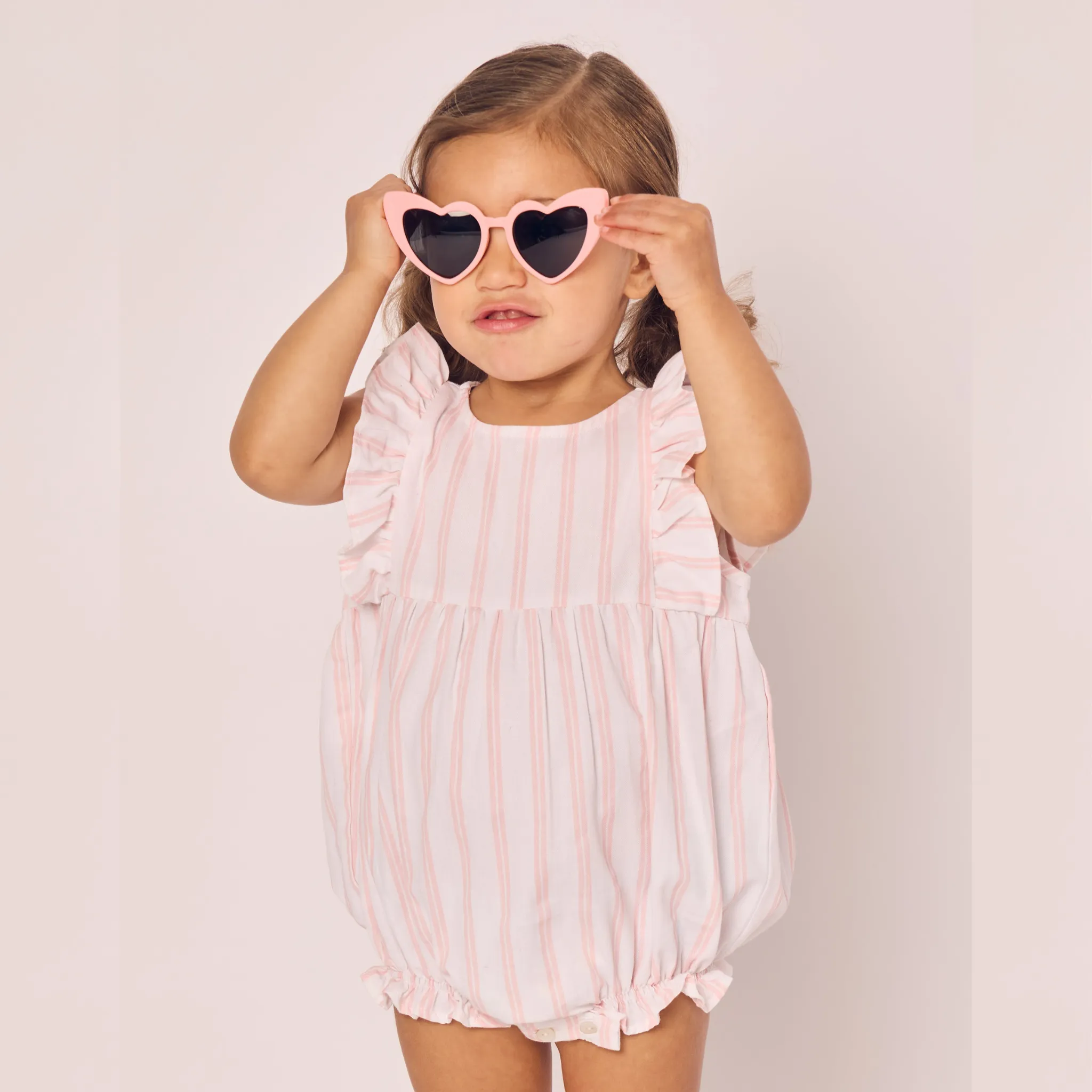 Baby's Twill Stripe Ruffled Romper in Pink and White Stripe