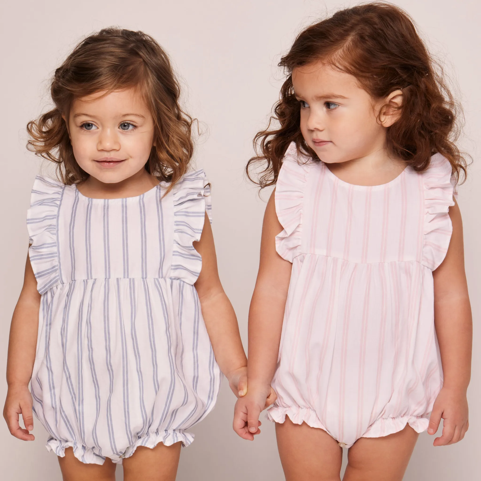 Baby's Twill Stripe Ruffled Romper in Pink and White Stripe