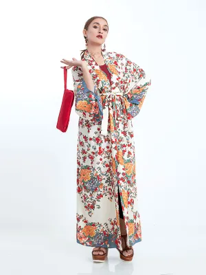 Beachwear Kimono Floral Bohemian Print Beige Color Cotton Long Length Gown Kimono Duster Robe