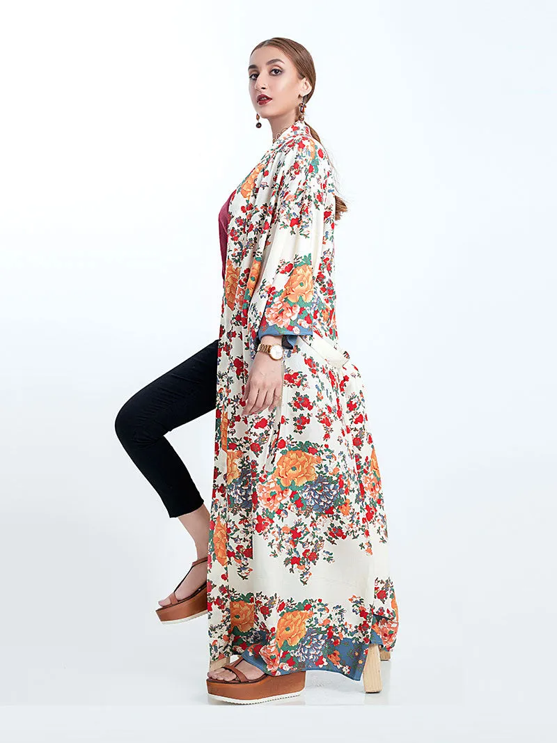 Beachwear Kimono Floral Bohemian Print Beige Color Cotton Long Length Gown Kimono Duster Robe