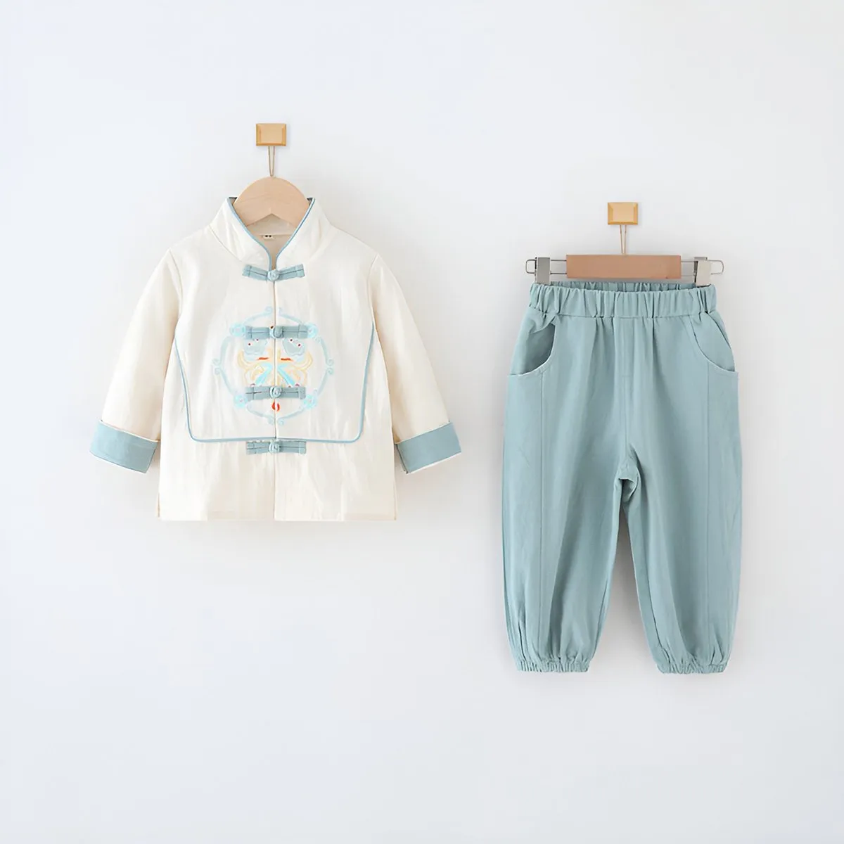 Boys' White and Light Blue Tang Suit Hanfu Set