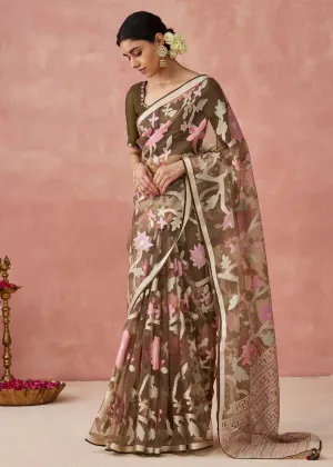 Brown Soft Brasso Organza Printed Festive Classic Saree