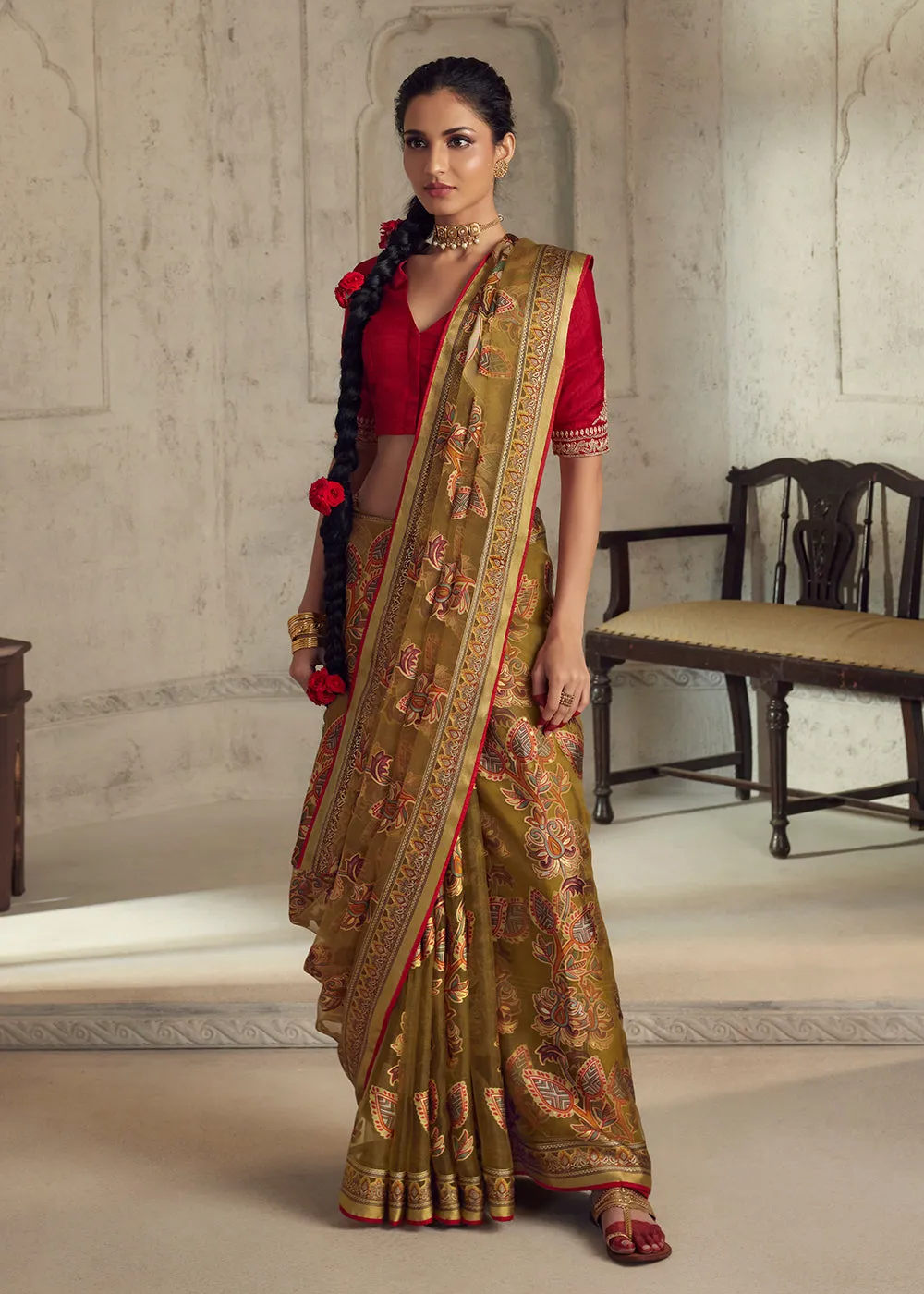 Brown Soft Organza Brasso Embroidered Wedding Festive Saree