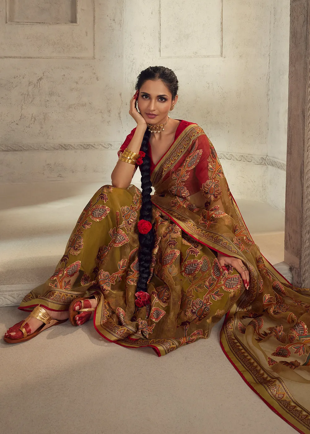 Brown Soft Organza Brasso Embroidered Wedding Festive Saree