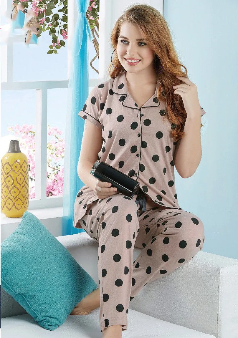 Cotton Printed Collar Night Suit Pajama Set for Ladies