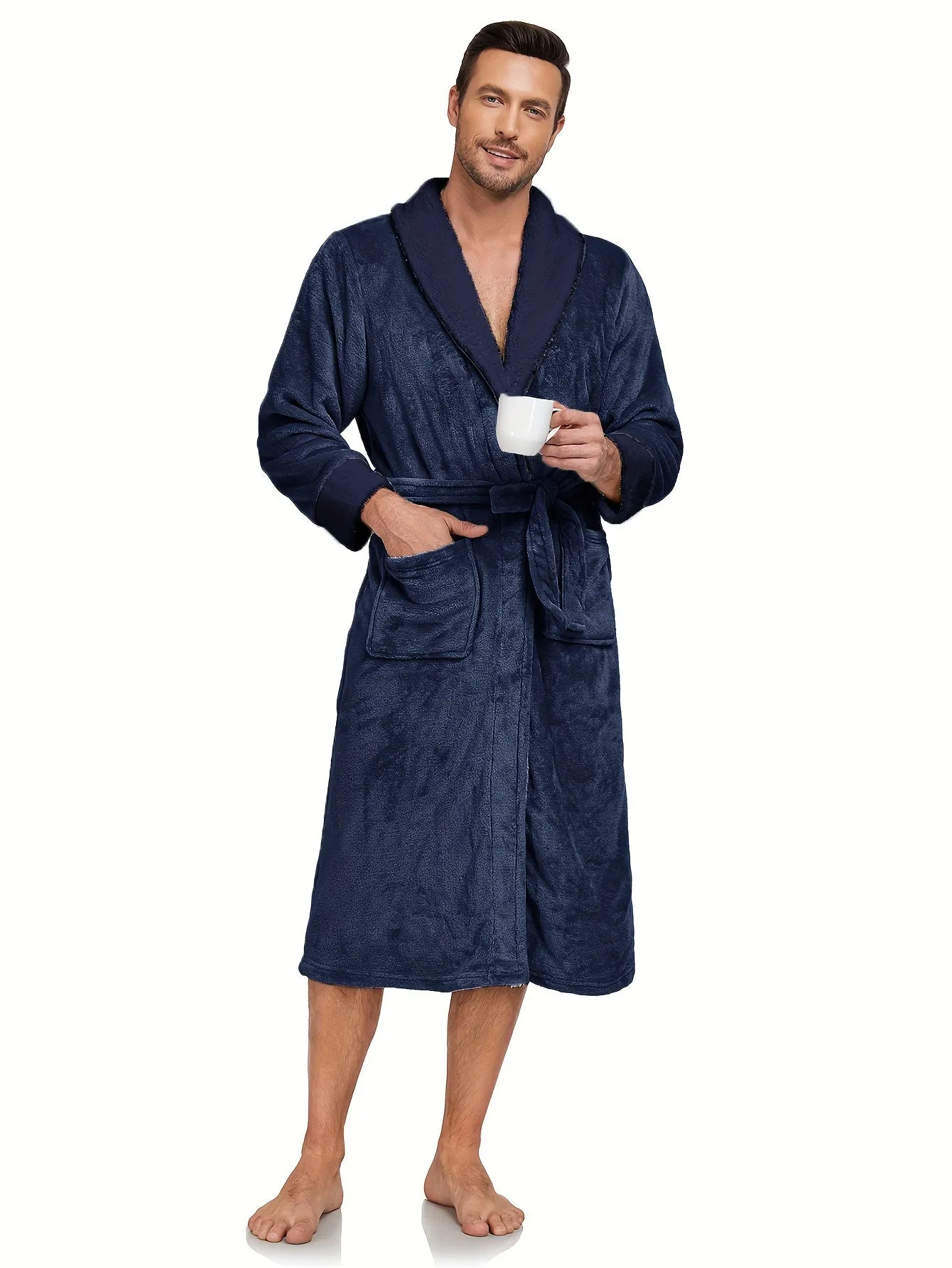 Cozy Fleece Hooded Sleep Robe for Men - Elegant Contrast Color Design, Soft and Warm Pajama Set with Long Sleeve, Two Side Pockets, and Adjustable Belt - Perfect for Relaxation and Lounging