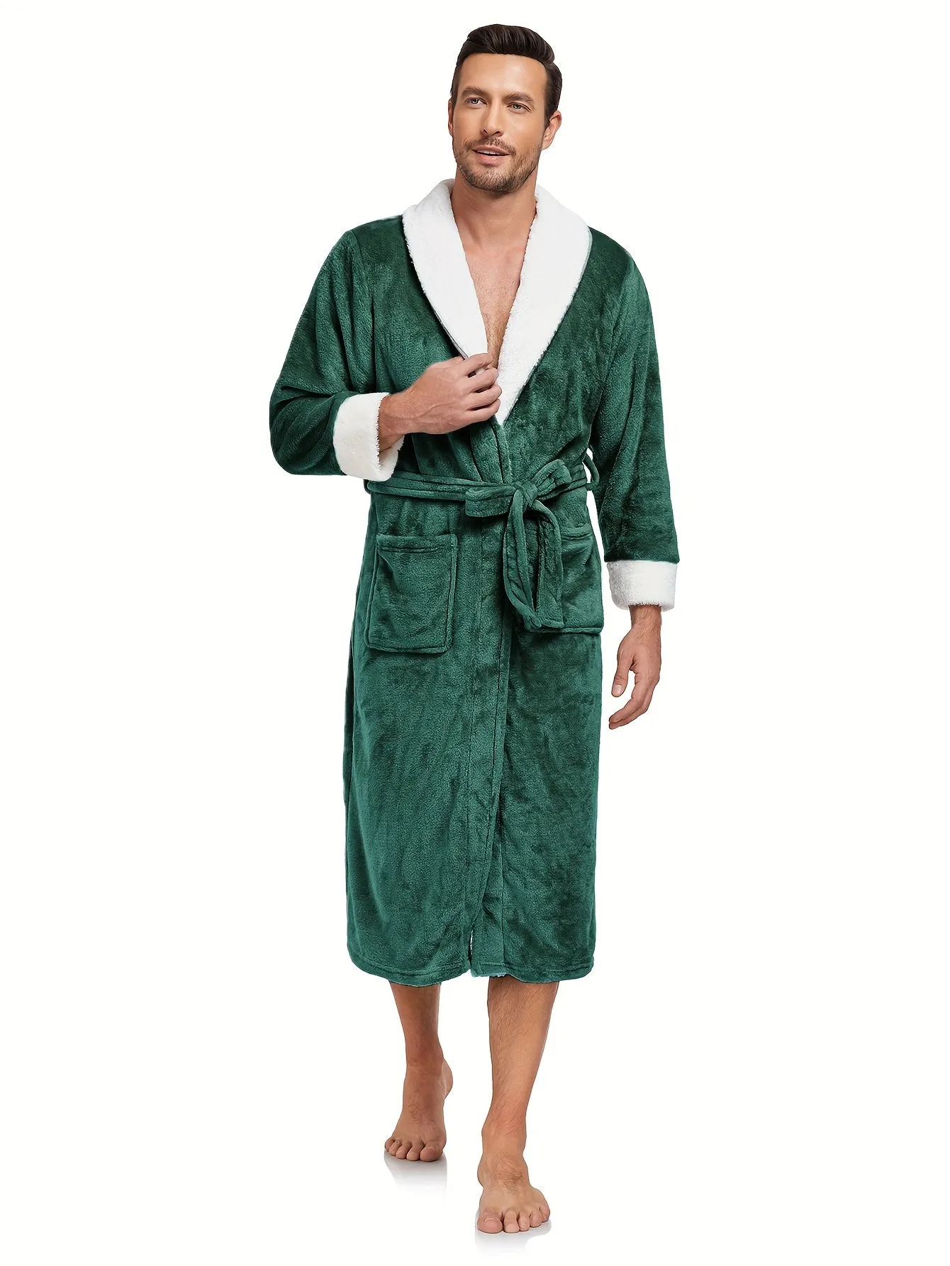 Cozy Fleece Hooded Sleep Robe for Men - Elegant Contrast Color Design, Soft and Warm Pajama Set with Long Sleeve, Two Side Pockets, and Adjustable Belt - Perfect for Relaxation and Lounging