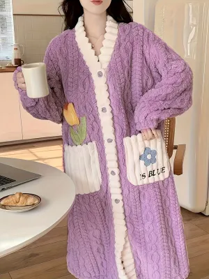 Cozy Womens Floral Nightgown Robe - Adorable Long Sleeve Button Up with Pockets, Soft Textured Flannel Bathrobe for Sweet Dreams