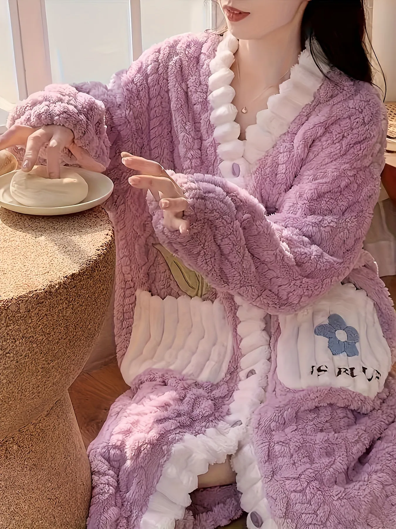 Cozy Womens Floral Nightgown Robe - Adorable Long Sleeve Button Up with Pockets, Soft Textured Flannel Bathrobe for Sweet Dreams