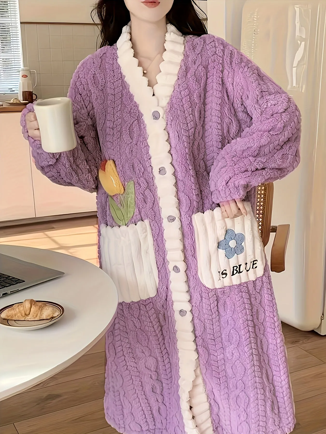 Cozy Womens Floral Nightgown Robe - Adorable Long Sleeve Button Up with Pockets, Soft Textured Flannel Bathrobe for Sweet Dreams