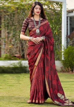 Currant Red Banarasi Woven Silk Traditional Saree