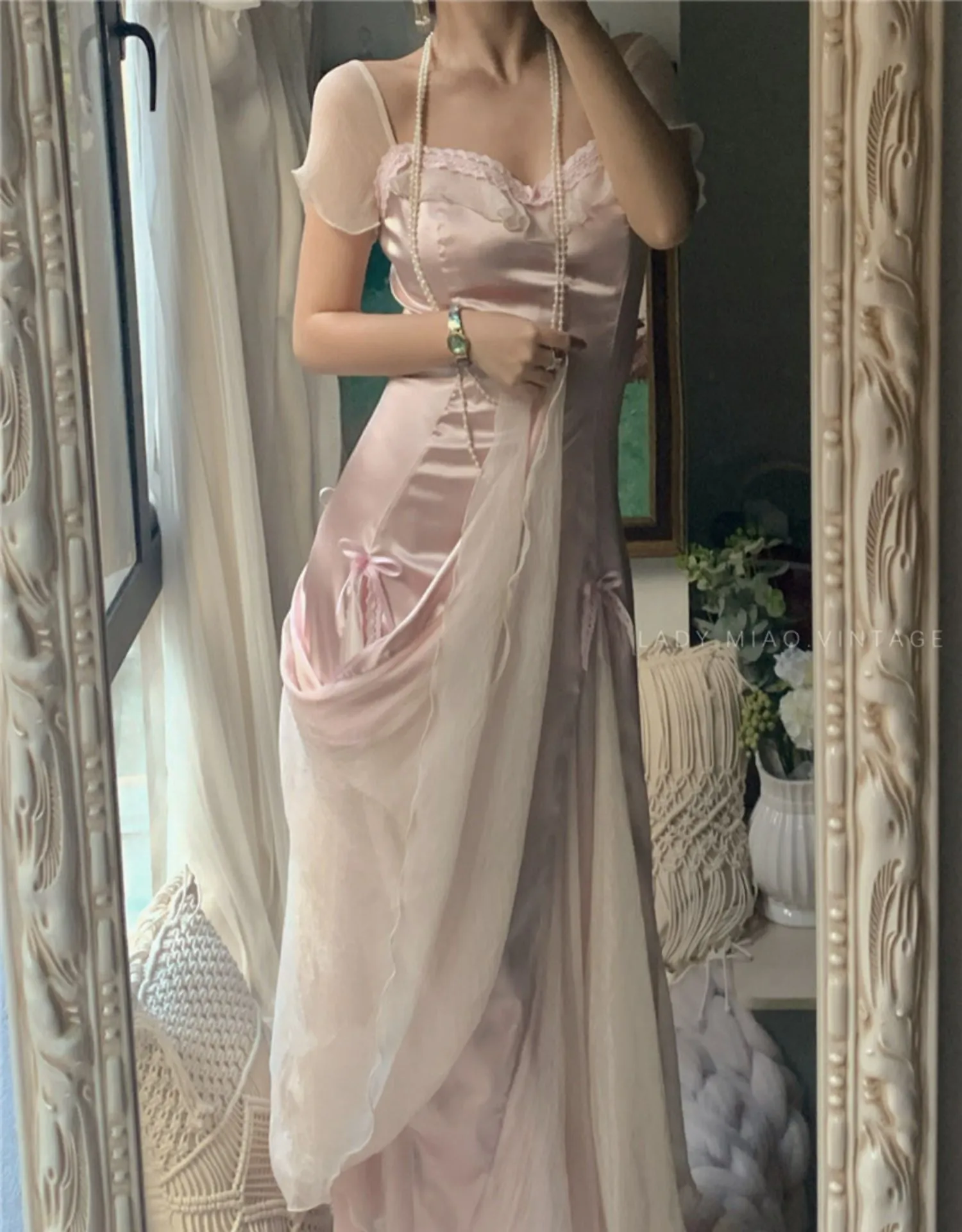 Dreamy Coquette Bow-Stitched Satin Dress