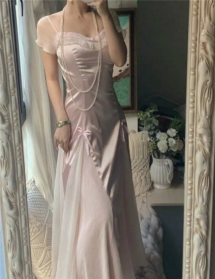 Dreamy Coquette Bow-Stitched Satin Dress