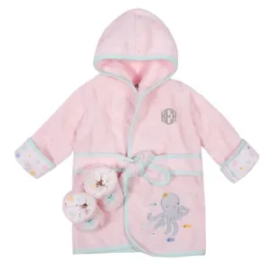 Embroidered 2-Piece Baby Girls Octopus Woven Terry Robe and Booties (3-9M)