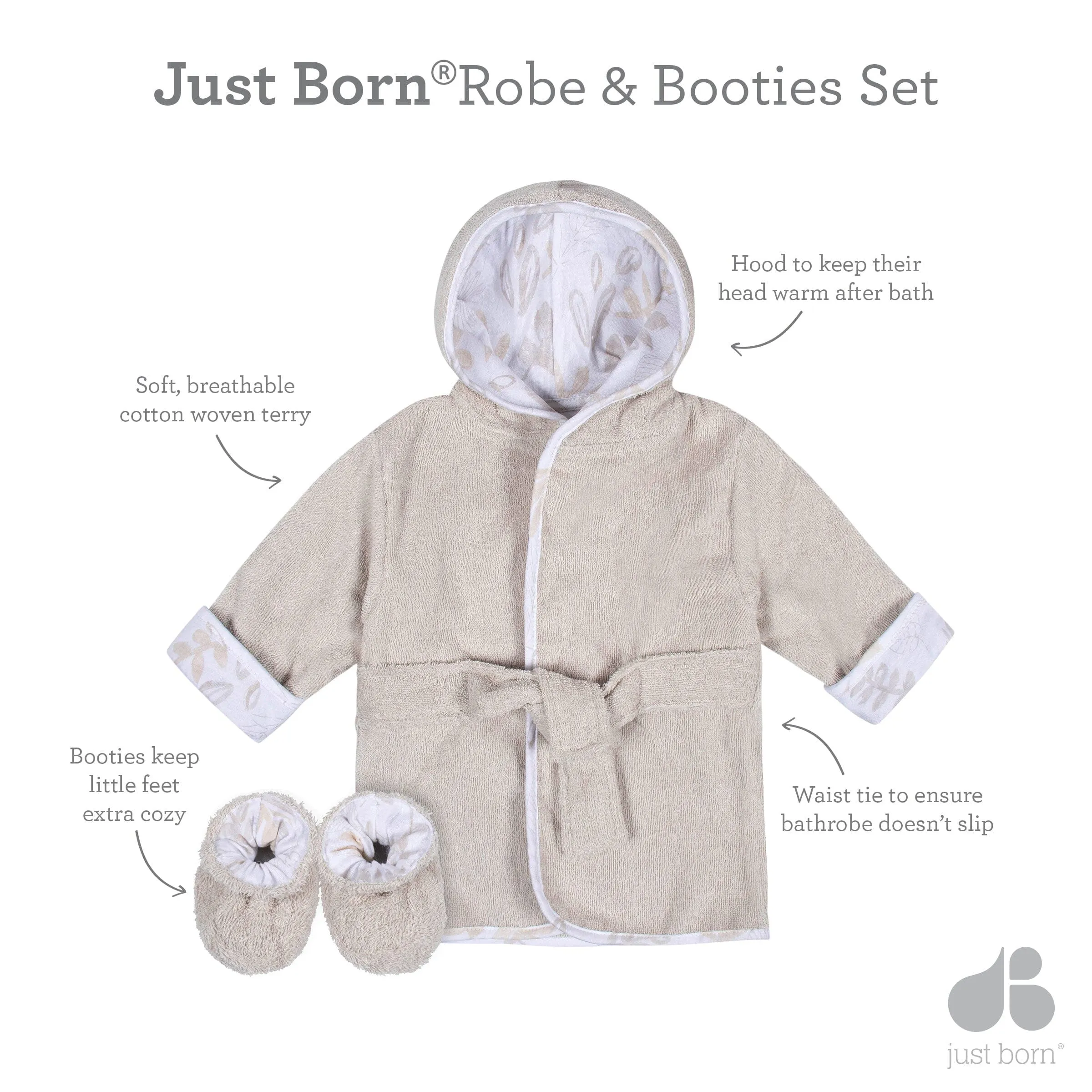 Embroidered 2-Piece Baby Neutral Natural Leaves Bathrobe & Booties Set (0-9M)