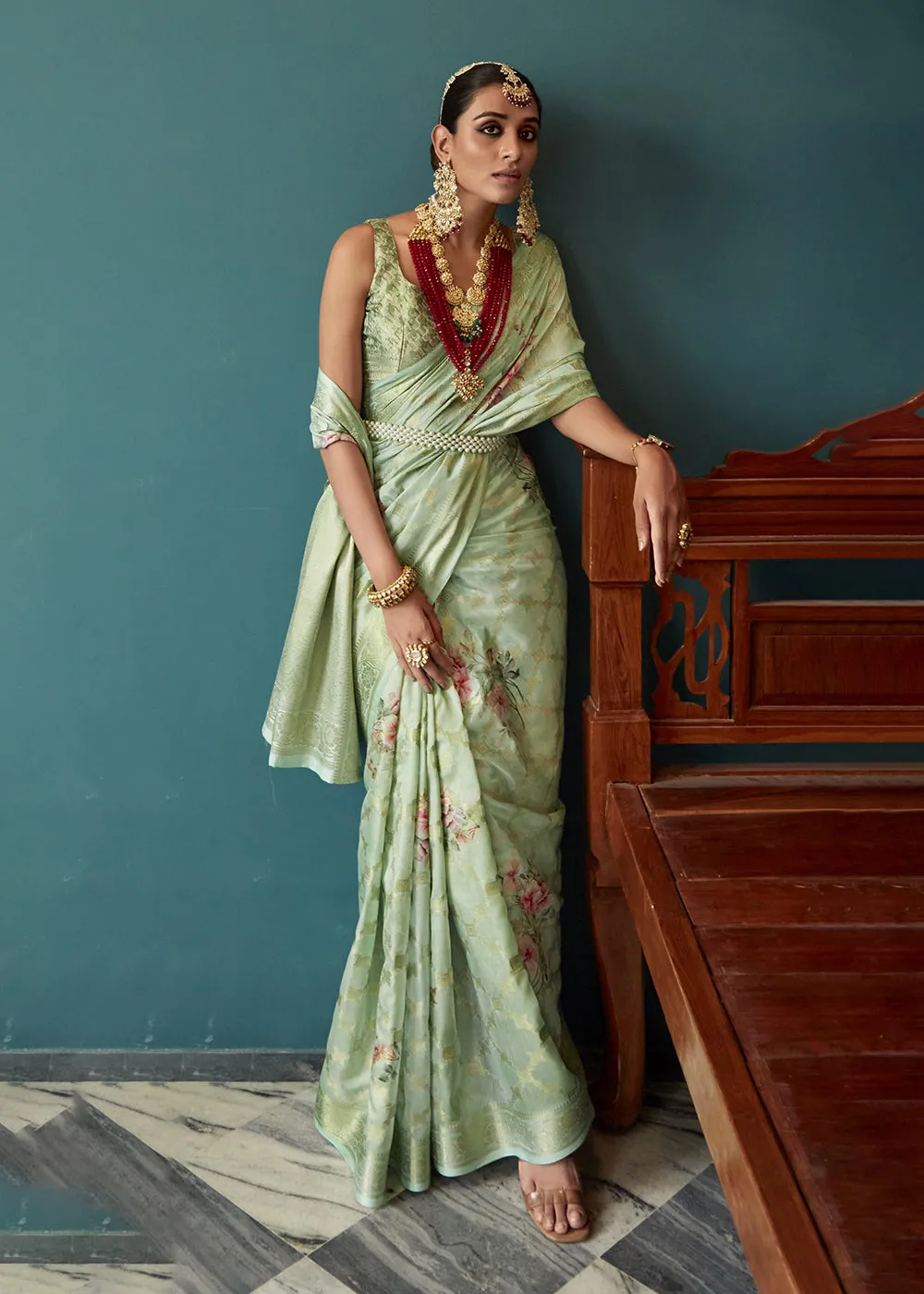 Enchanting Mint Green Floral Printed Soft Silk Designer Saree