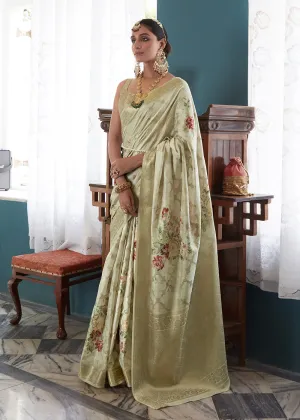 Enchanting Pista Green Floral Printed Soft Silk Designer Saree