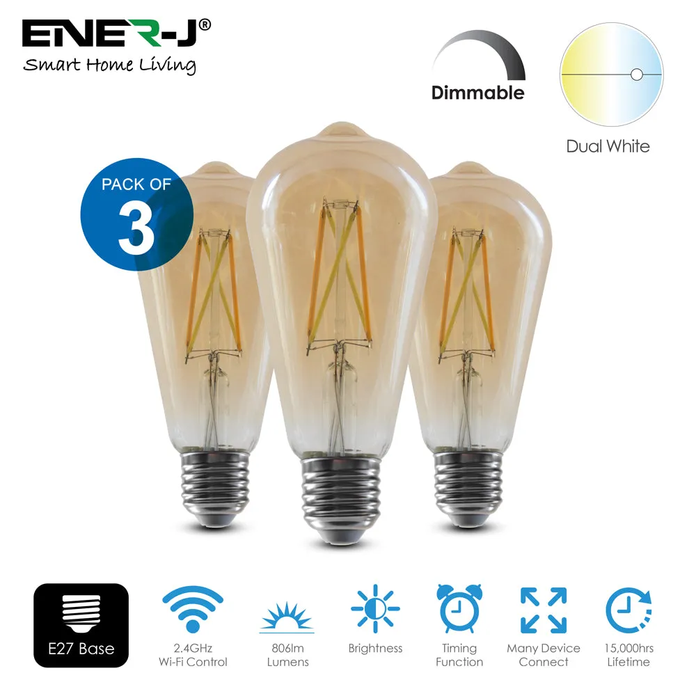 ENERJ 8.5W ST64 E27 Edison Screw Smart WiFi Filament Lamp, LED Light Bulb, CCT Changing & Dimmable Amber Retro Style Filament Decorative Bulb