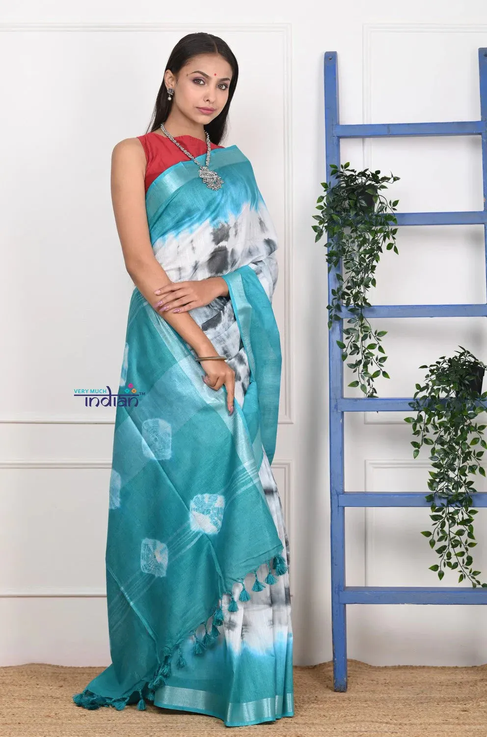 EXCLUSIVE! Handmade Tie and Dye Cotton Dark Sea Green Saree by Women Weavers