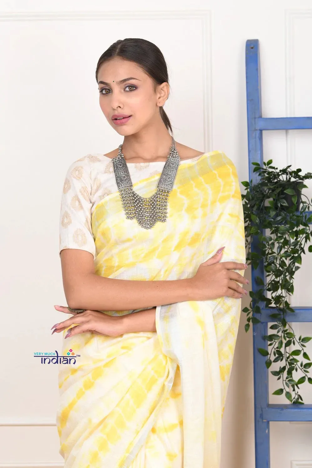 EXCLUSIVE! Handmade Tie and Dye Cotton Lime Yellow- White Saree By Women Weavers