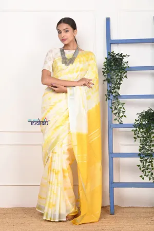 EXCLUSIVE! Handmade Tie and Dye Cotton Lime Yellow- White Saree By Women Weavers