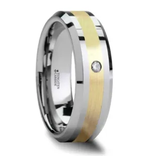 FABIAN 14K Gold Inlaid Beveled Tungsten Ring with Diamond - 8mm