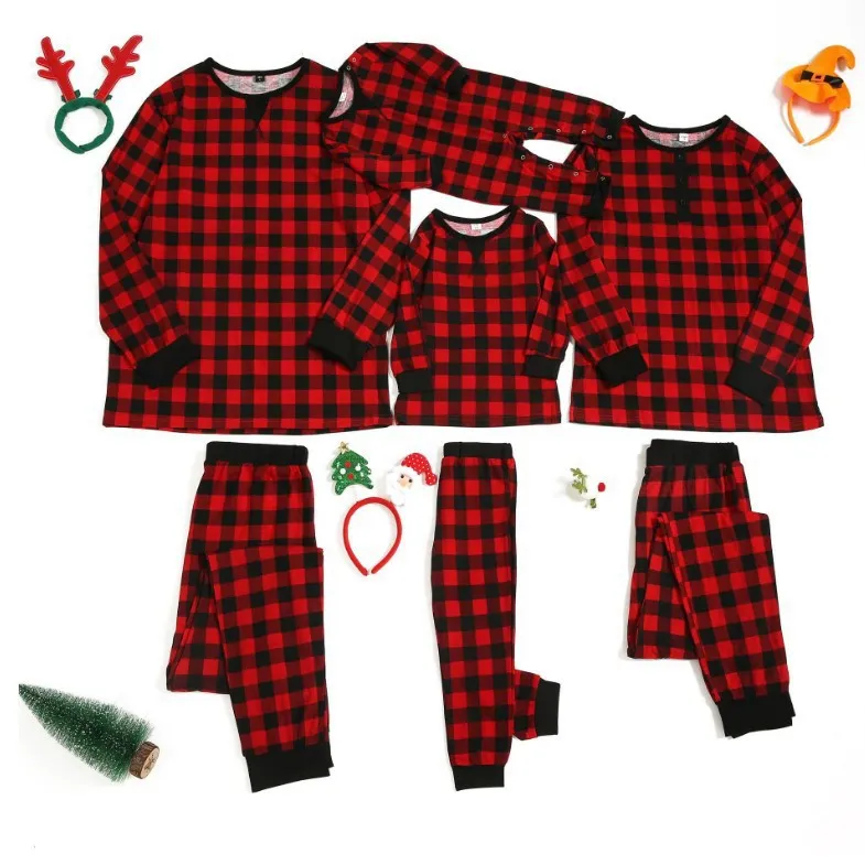 Family Matching Plaid Round Neck Christmas Pajamas Set