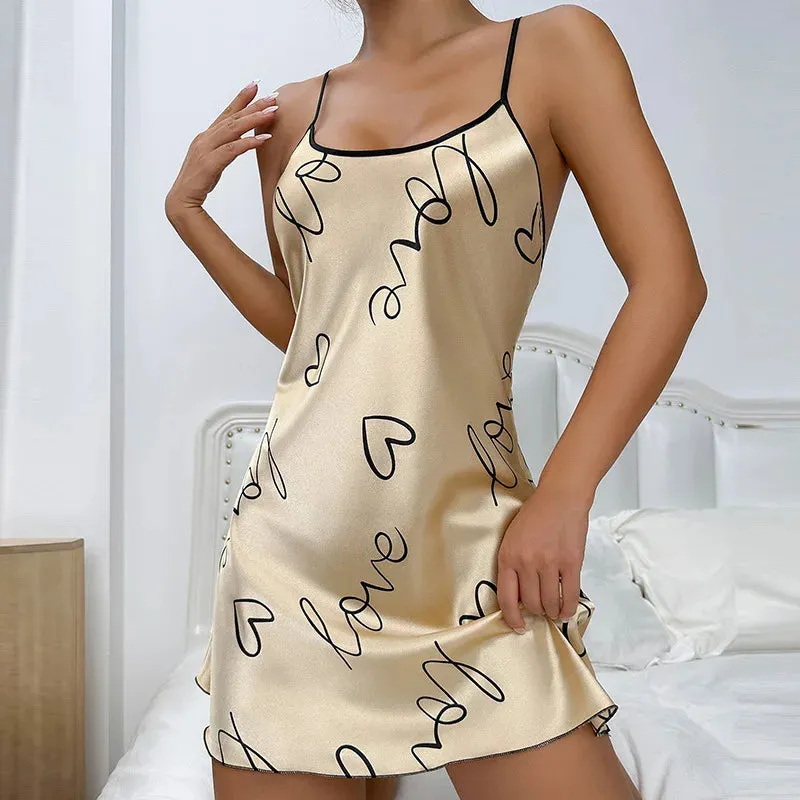 Fashion Heart Print Nightdress Ice Silk Pajamas Elegant Scoop Neck Criss Cross Back Sleep Dress Women'S Sleepwear Home Dress New