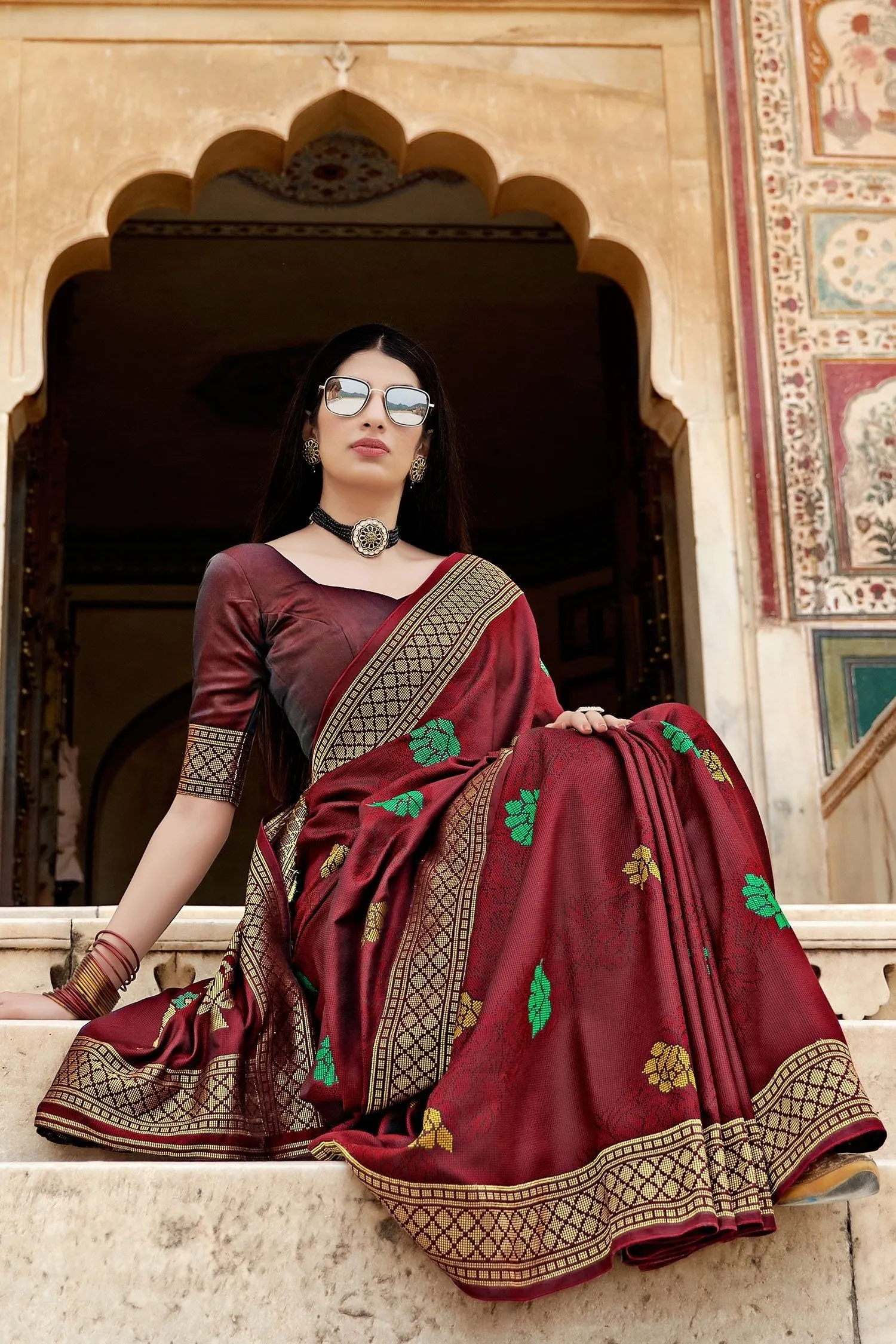 Floral Weaving Maroon Banarasi Silk Traditional Saree