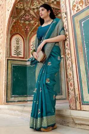 Floral Weaving Teal Blue Banarasi Silk Traditional Saree