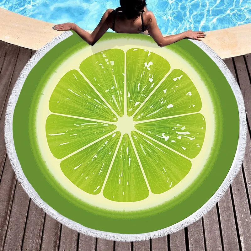 Fruit Summer Watermelon Orange Kiwi Beach Bath Towel Round Sea Blanket Kawaii Yoga Carpet Picnic Mat Absorbent Manteau Cloak