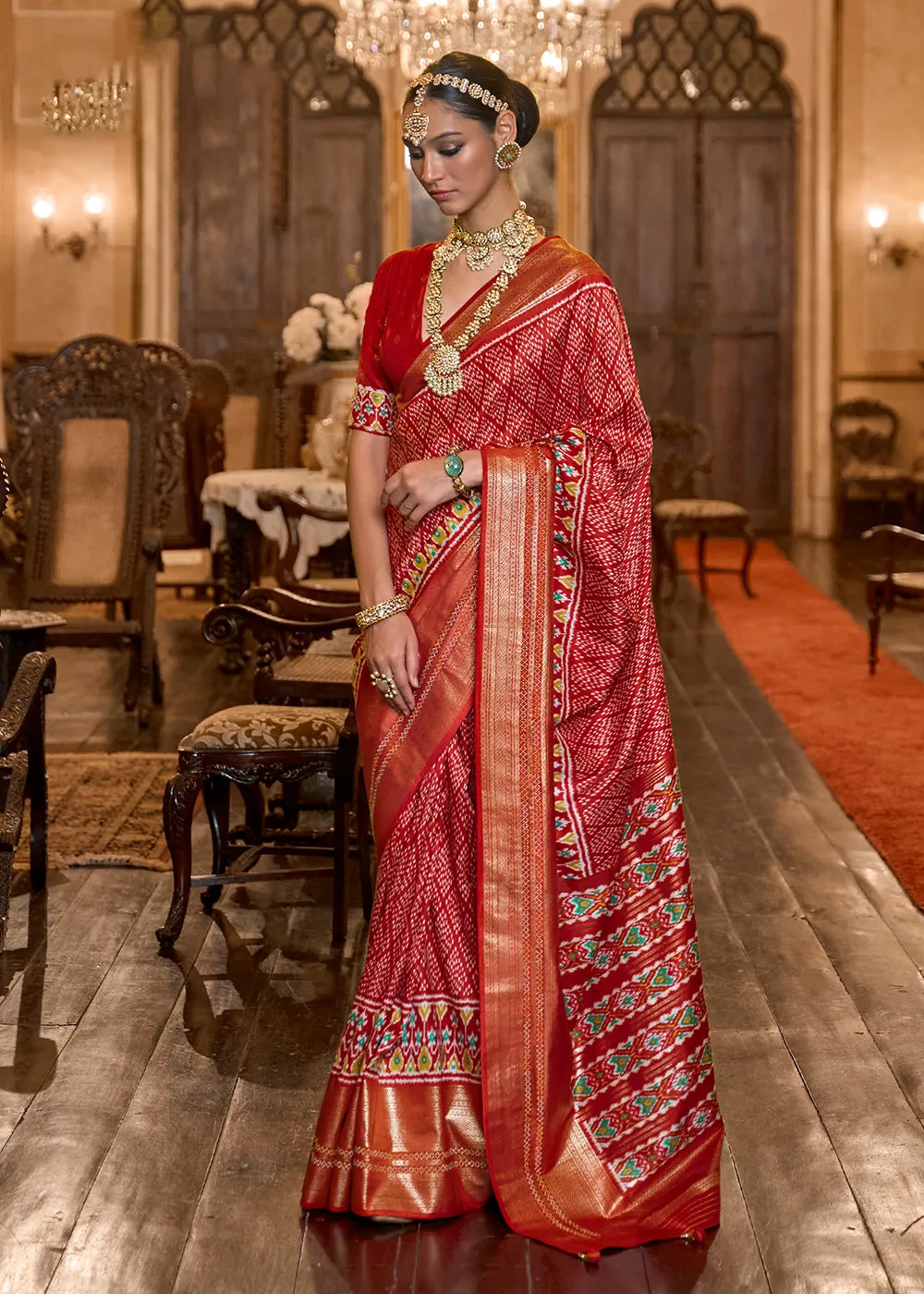 Gorgeous Red Woven Zari & Printed Patola Silk Traditional Saree