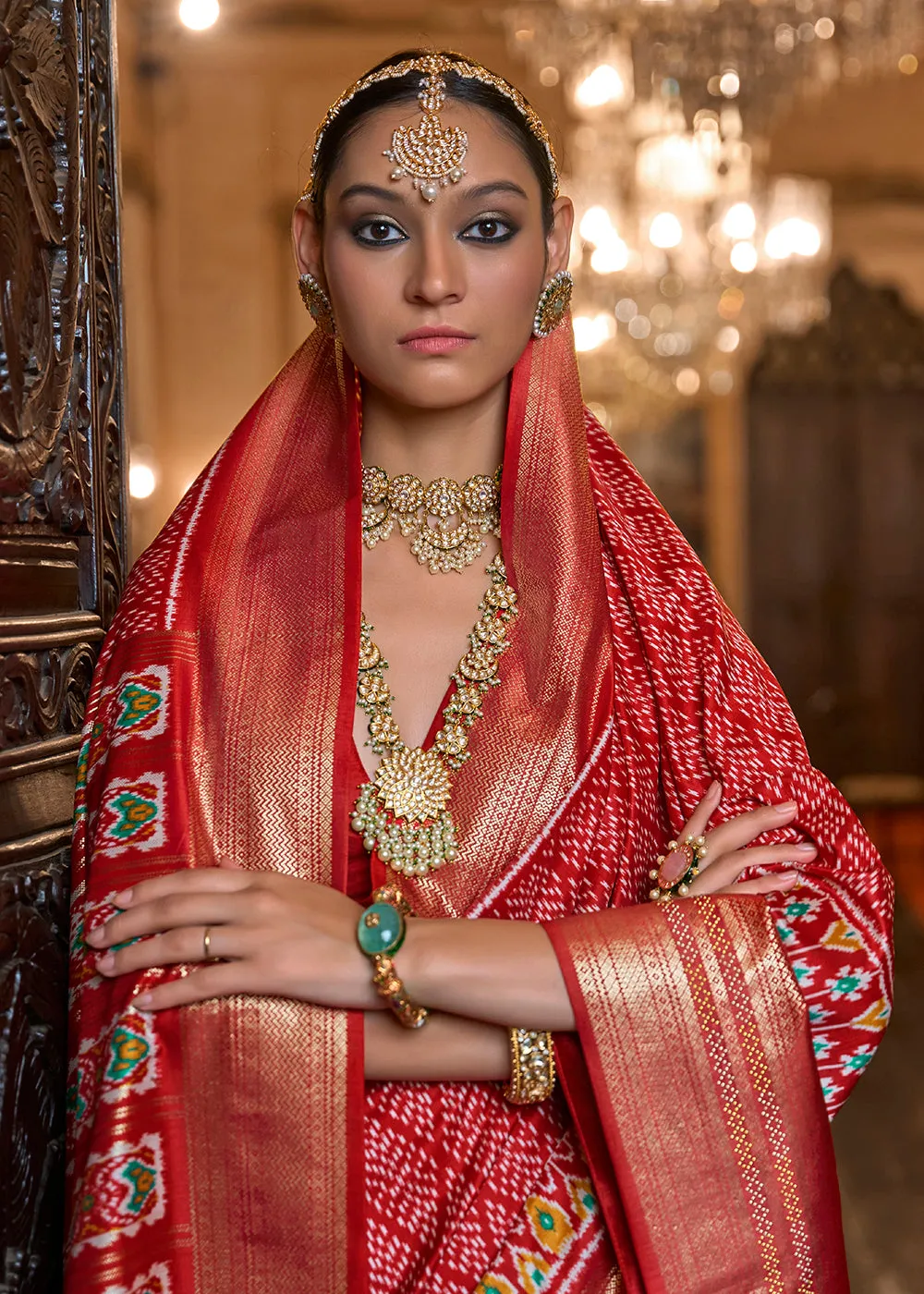 Gorgeous Red Woven Zari & Printed Patola Silk Traditional Saree