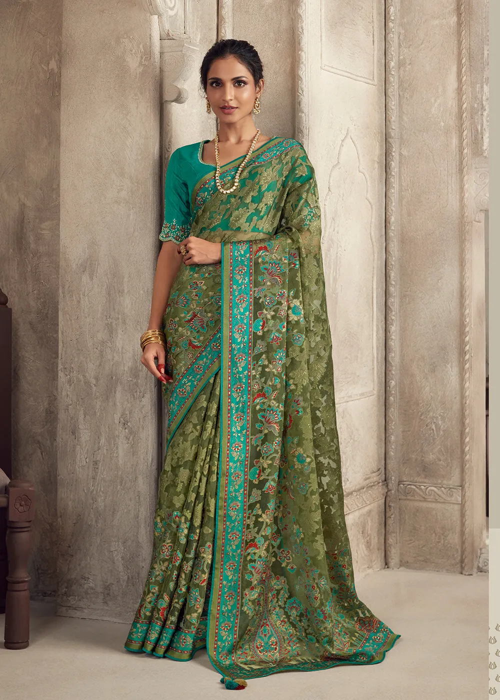 Green Soft Organza Brasso Embroidered Wedding Festive Saree