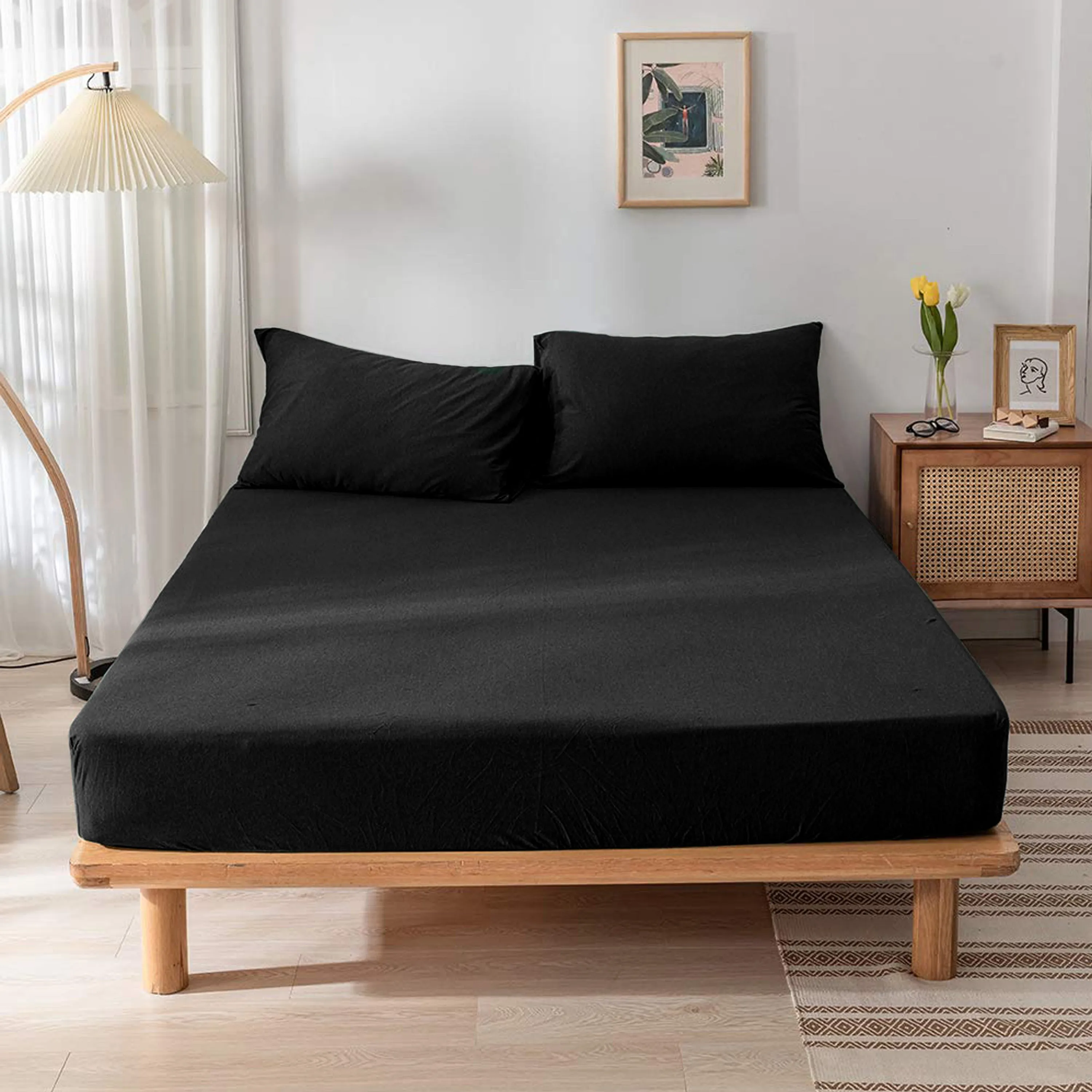 High Quality Black Cotton Jersey Twin 3 Piece Fitted Sheet Set 160x200 30cm with Deep Pockets and 2 Pillow Case