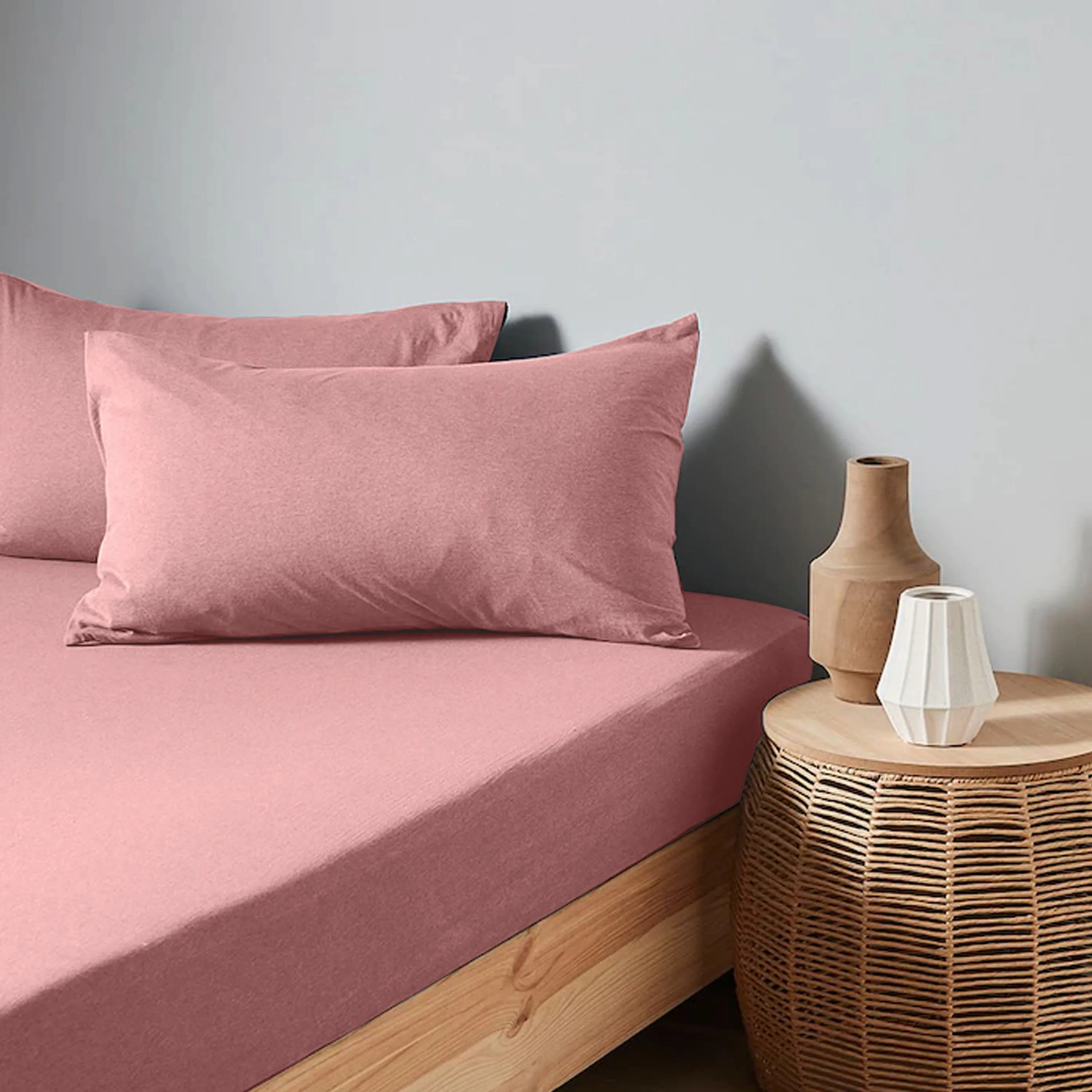 High Quality Pink Cotton Jersey Twin 3 Piece Fitted Sheet Set 160x200 30cm with Deep Pockets and 2 Pillow Case