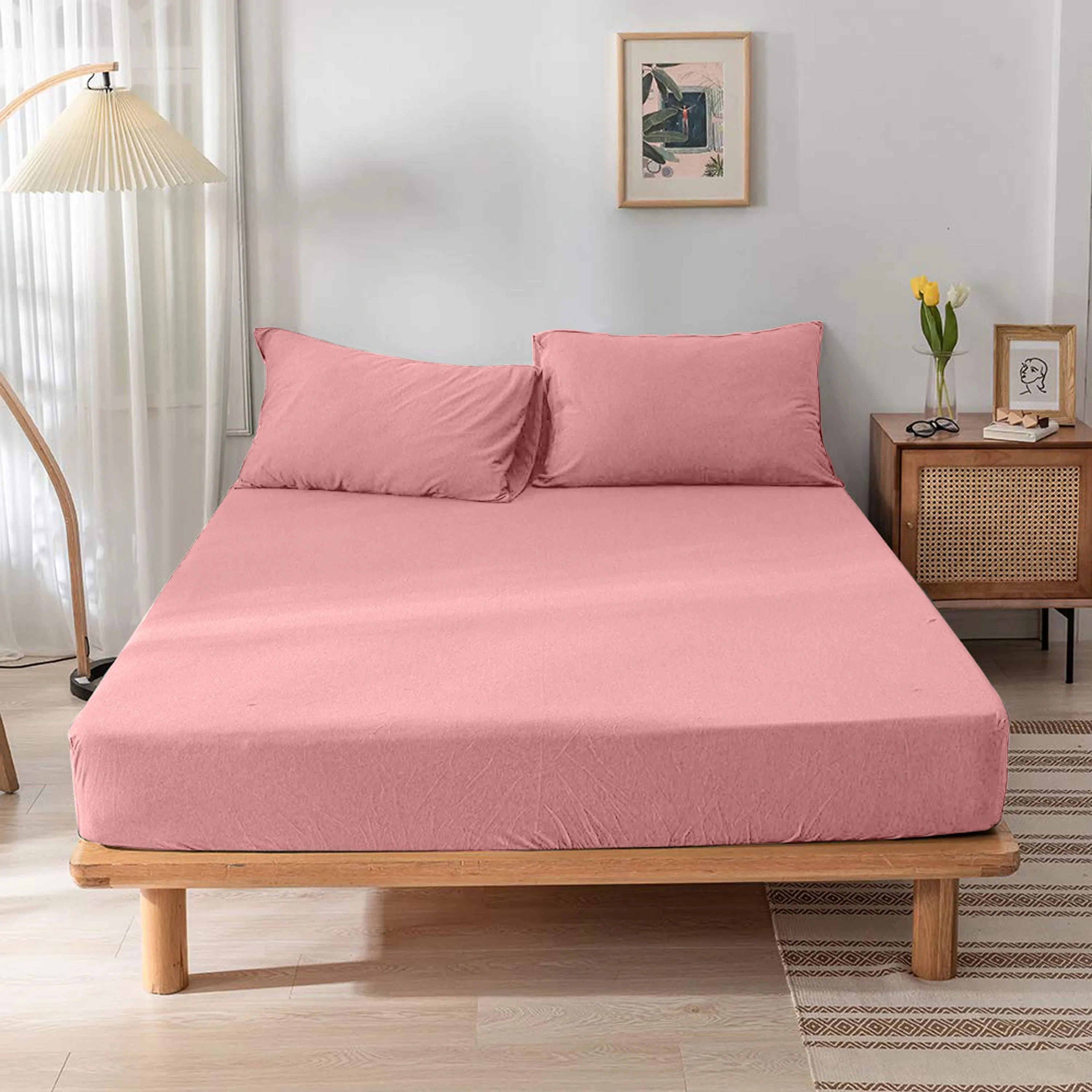 High Quality Pink Cotton Jersey Twin 3 Piece Fitted Sheet Set 160x200 30cm with Deep Pockets and 2 Pillow Case